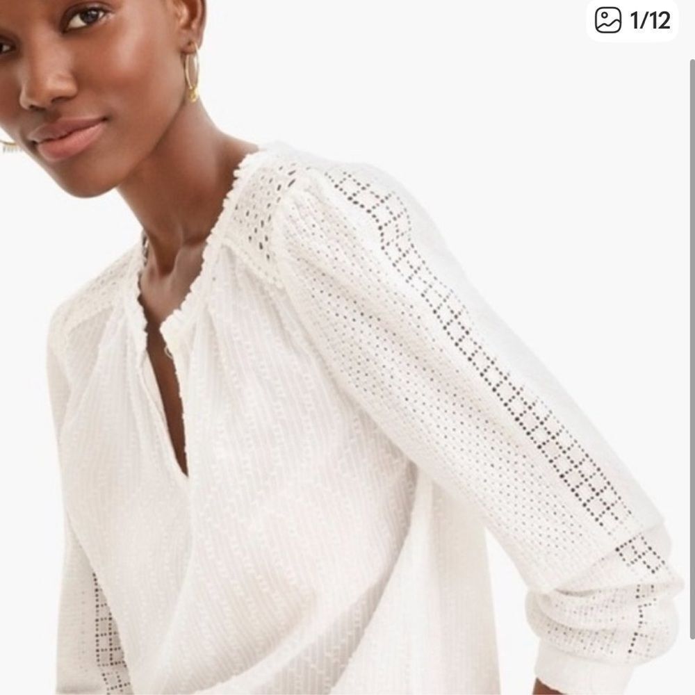 J. Crew Point Sur Mixed Eyelet Popover Blouse Shirt White